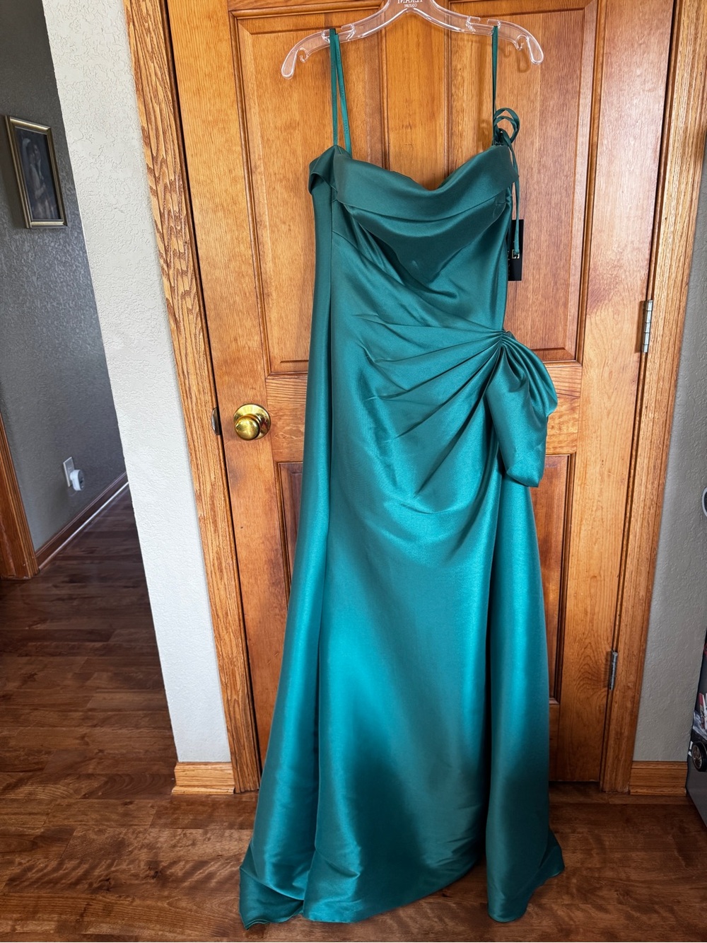 Terani Couture Teal Satin Cowl Neck Prom Gown